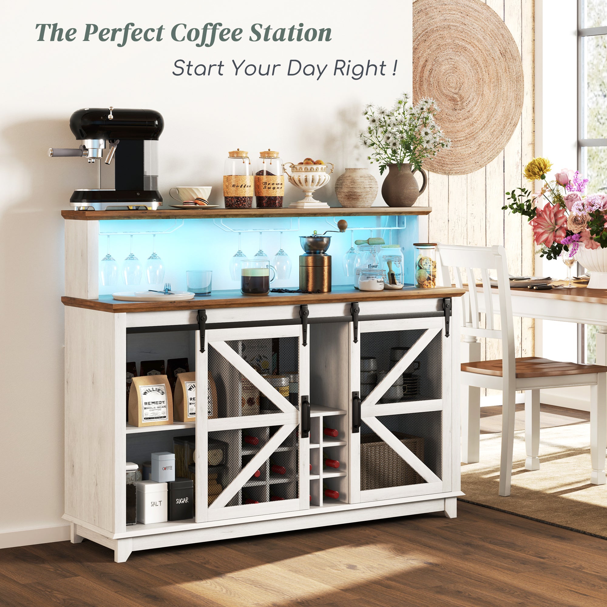 55" Coffee Bar Cabinet with Lights, Farmhouse Wine Cabinet with Wine and Glass Racks for Kitchen, Dining Room, White