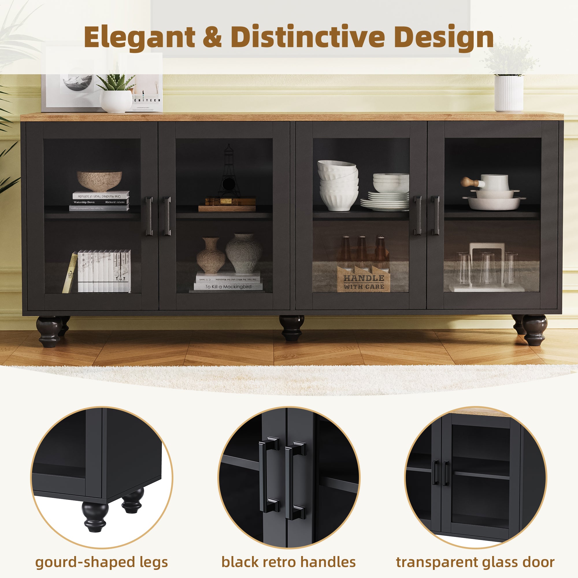 ON-TREND Farmhouse TV Stand With Tempered Glass Doors For TVs Up To 70, Versatile Sideboard With Adjustable Shelves, Elegant Buffet Cabinet With 5 Solid Wood Gourd-Shaped Legs For Living Room, Black