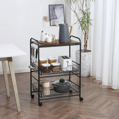 3 Tier Kitchen Cart with Storage, Rolling Kitchen Island Cart with 2 Sliding Fruit Basket and Side Hooks for Dining Room, Rustic Brown