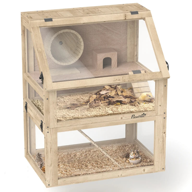 3 Tier Wooden Hamster Cage W Detachable Bottom, Hut, Seesaw, Exercise Wheel, Ramps