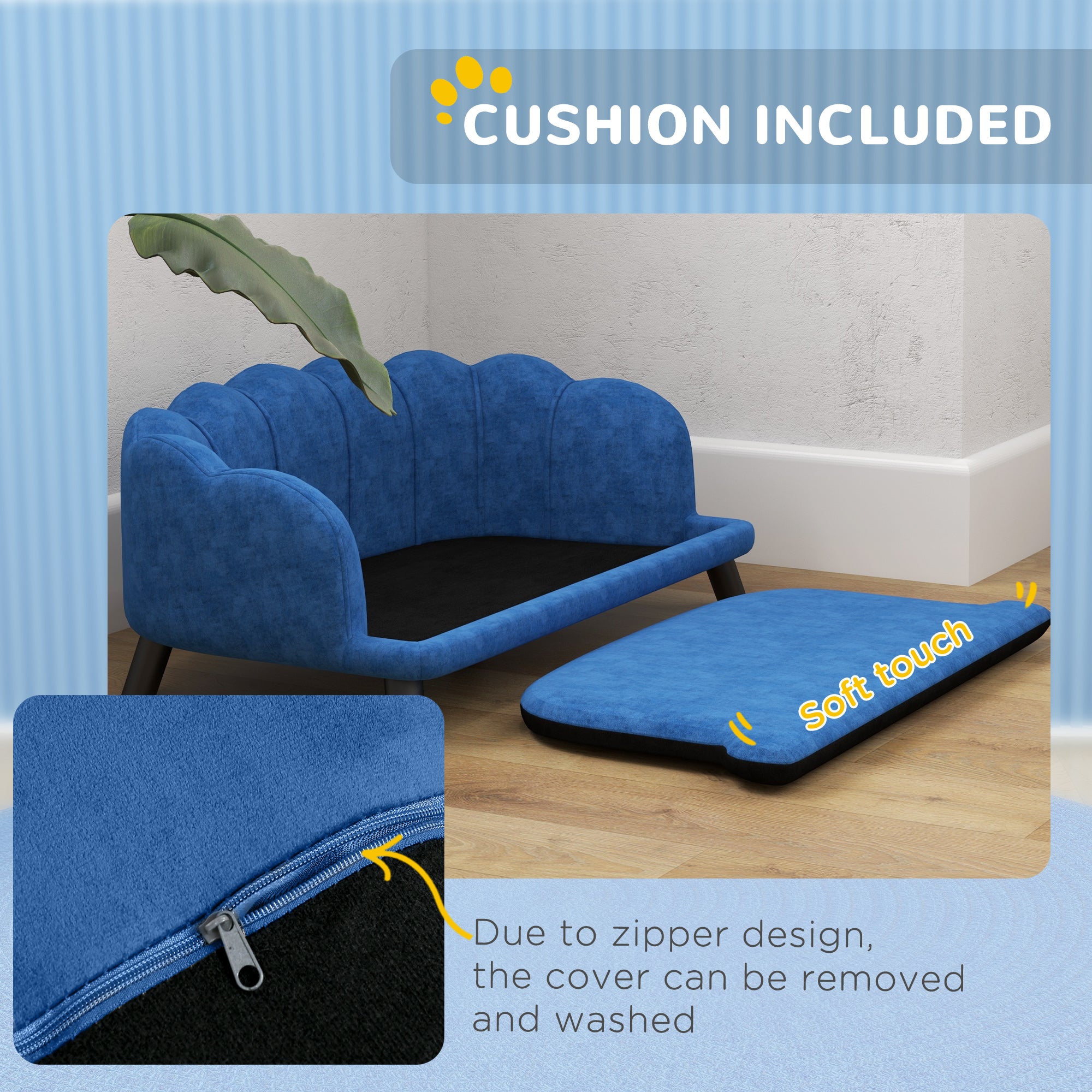 Pearl Design Pet Sofa for Medium and Large Sized Dogs, Pet Bed with Cushion and Solid Wood Legs, Dark Blue