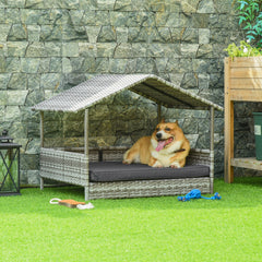 Wicker Dog House Elevated Raised Rattan Bed with Removable Cushion Lounge, Charcoal Gray