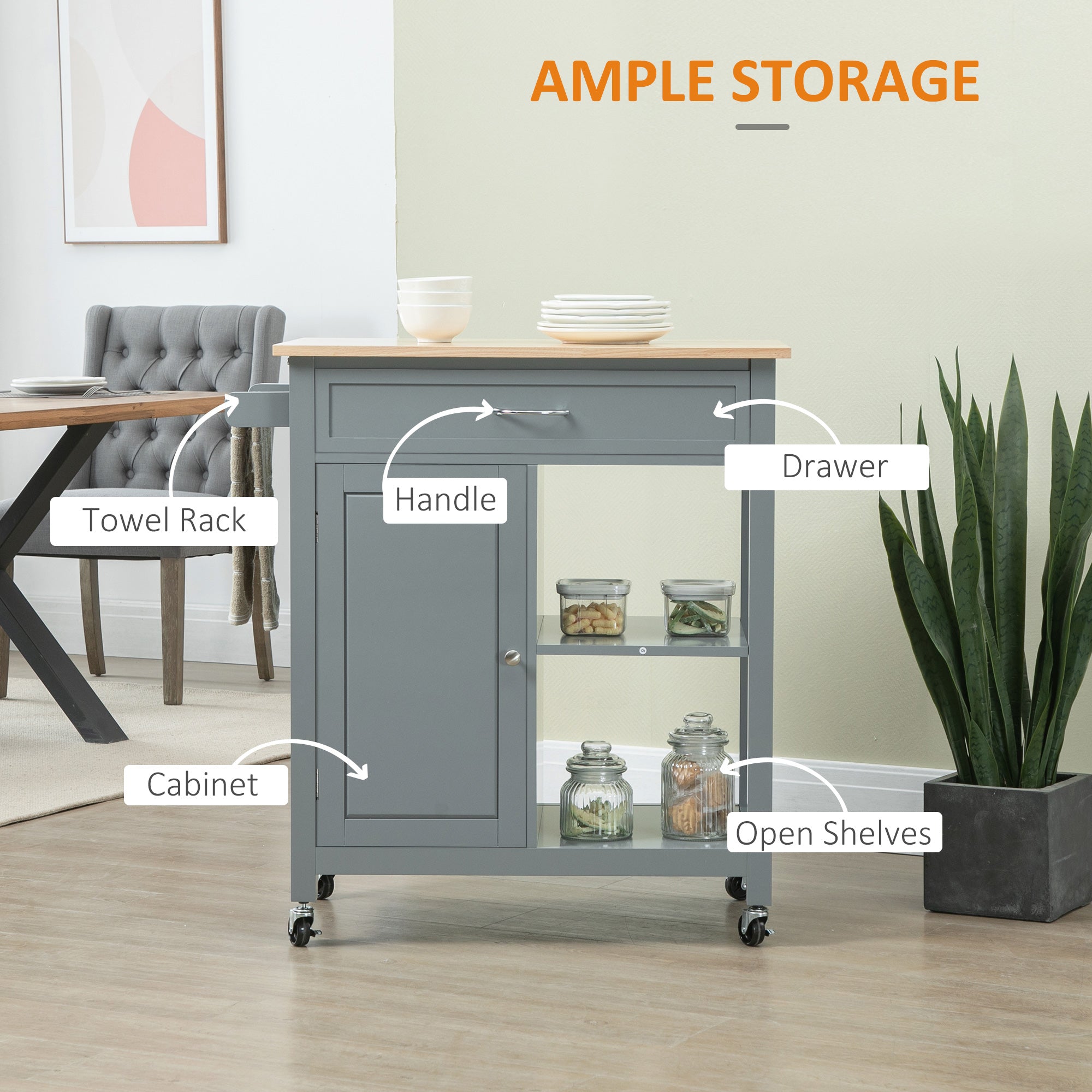 Kitchen Island Cart, Rolling Kitchen Island with Storage Shelf, Solid Wood Top, Drawer, for Dining Room, Gray