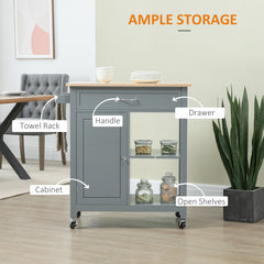 Kitchen Island Cart, Rolling Kitchen Island with Storage Shelf, Solid Wood Top, Drawer, for Dining Room, Gray