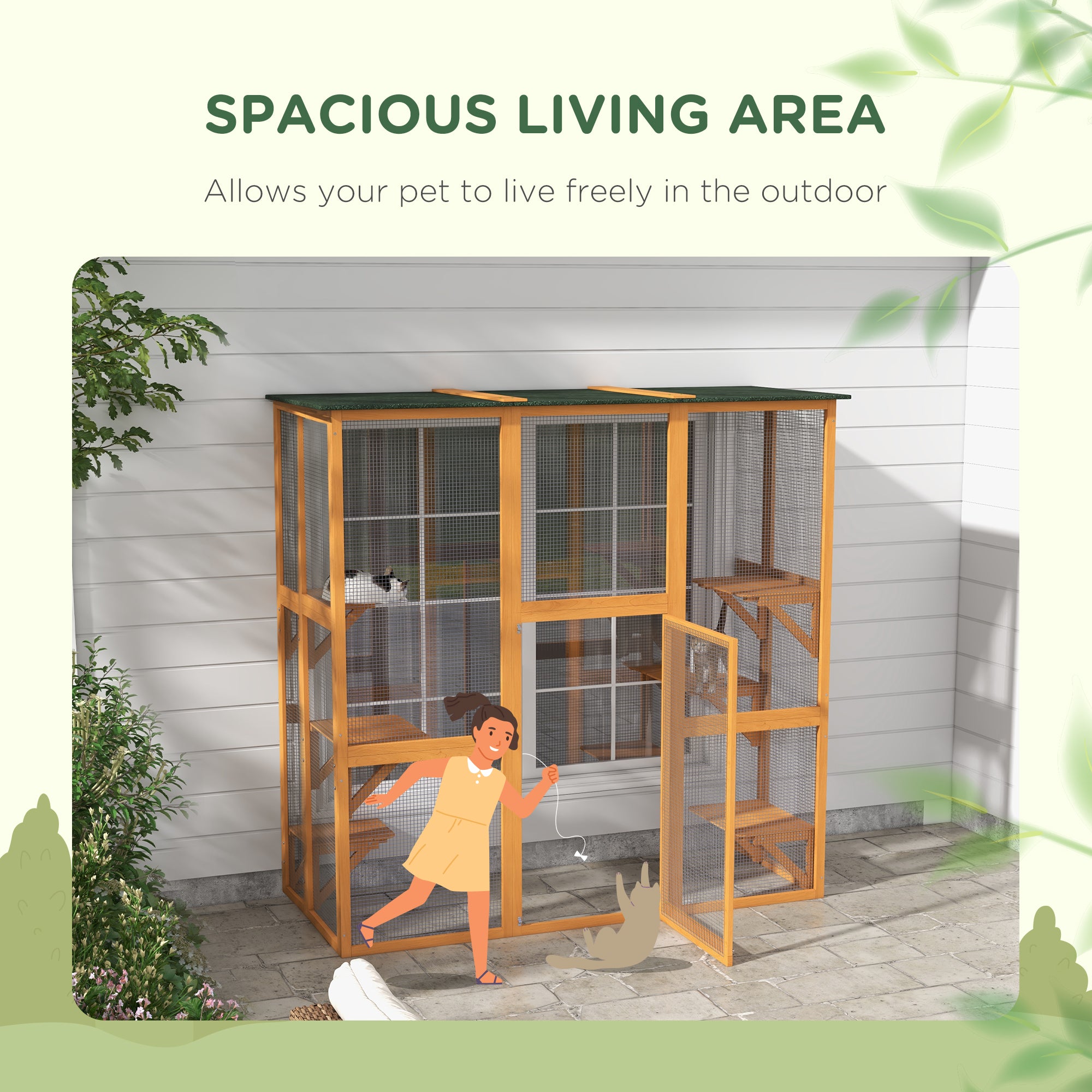 Outdoor Cat House Big Catio Wooden Feral Cat Shelter Enclosure with Large Spacious Interior, 6 High Ledges, Weather Protection Asphalt Roof, 71" L, Orange