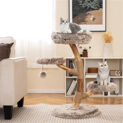Multi-level Natural Pear Wood Cat Tree, Sisal Scratching Posts, Plush Balls, Long Plush Fabric