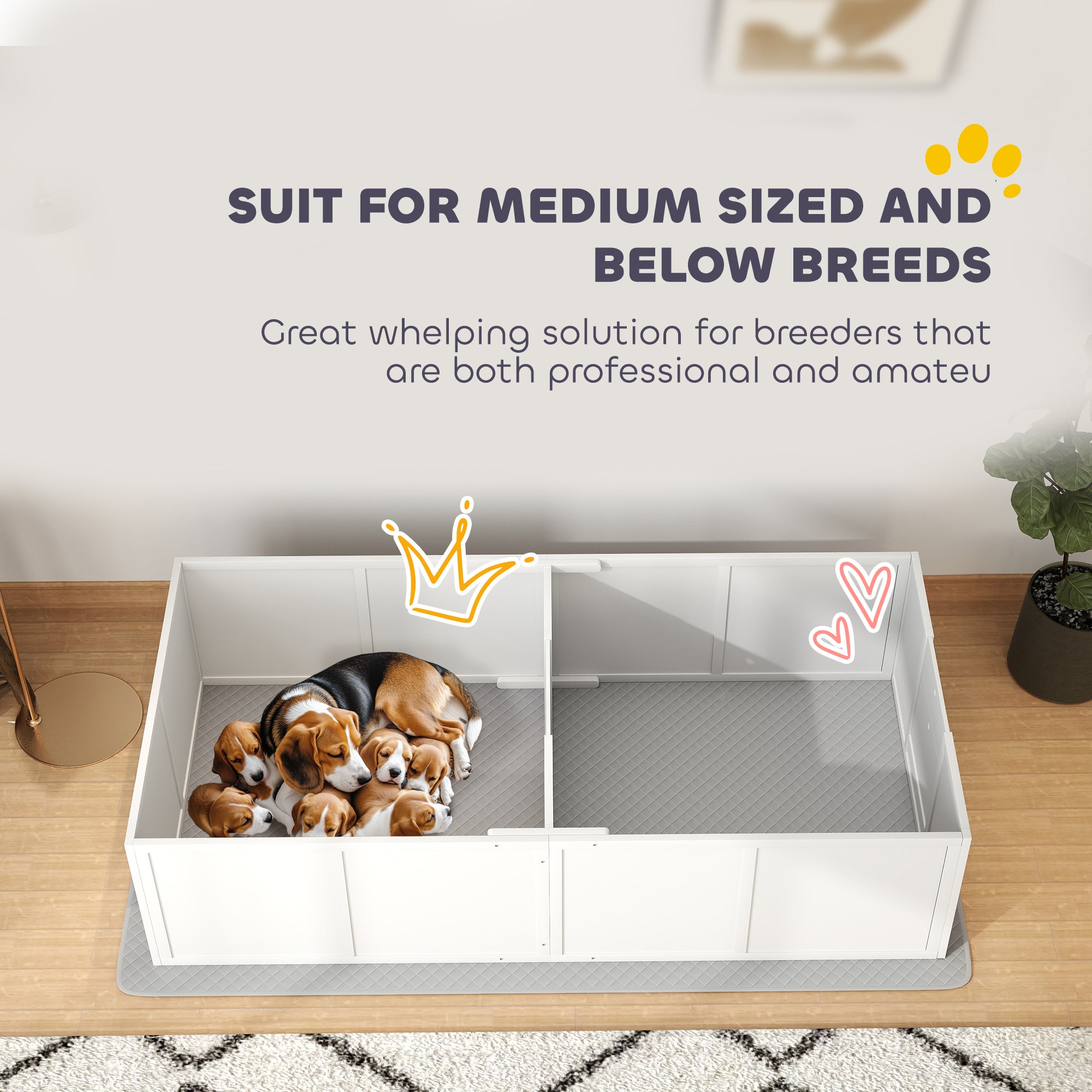 Whelping Box for Dogs and Puppies w/ Waterproof Pee Pad & Adjustable Door for Medium, Small Dogs, 77" x 38" x 19"