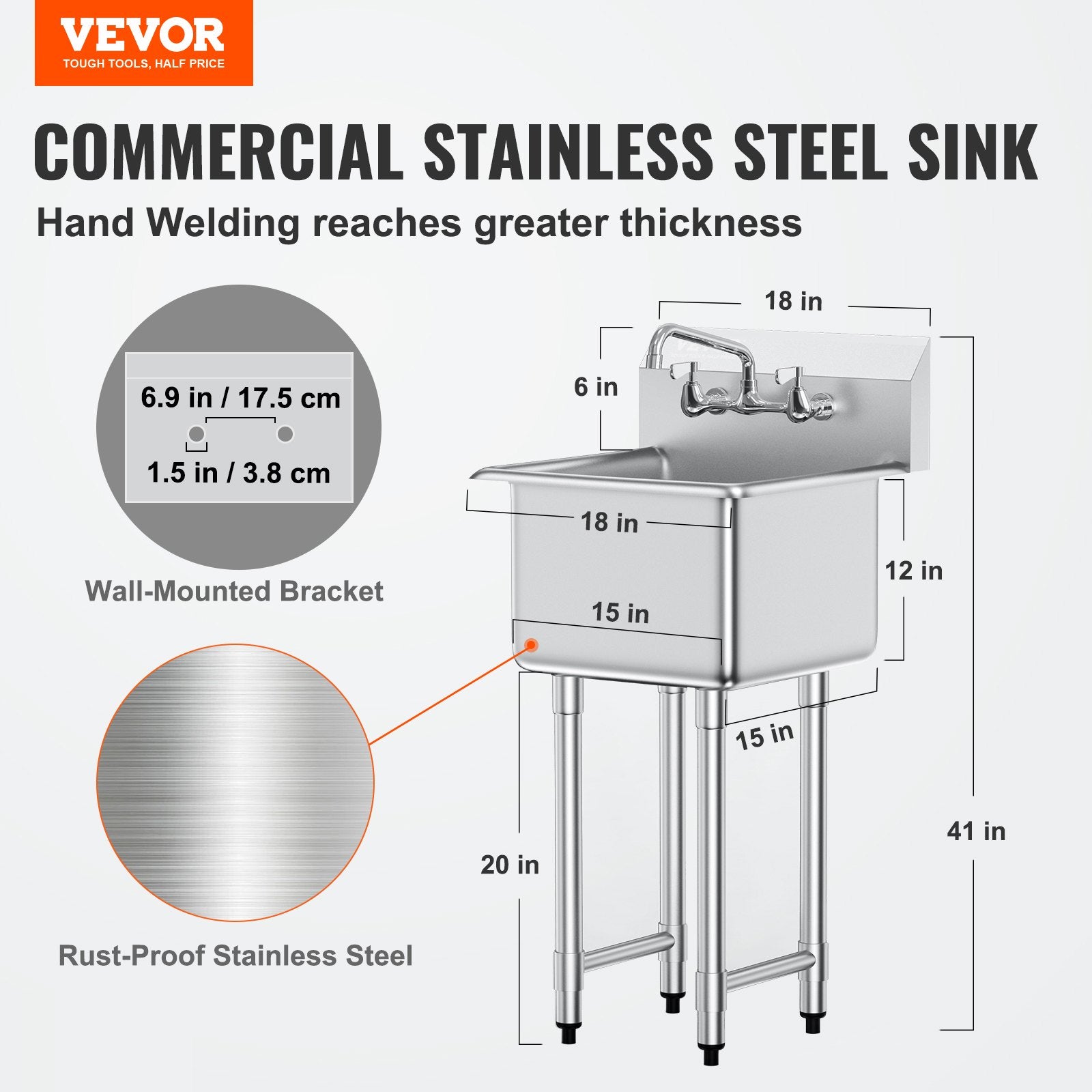 Stainless Steel Prep & Utility Sink, 1 Compartment Free Standing Small Sink Include Faucet & Legs, 18"x41" Commercial Single Bowl Sinks For Garage, Restaurant, Kitchen, Laundry