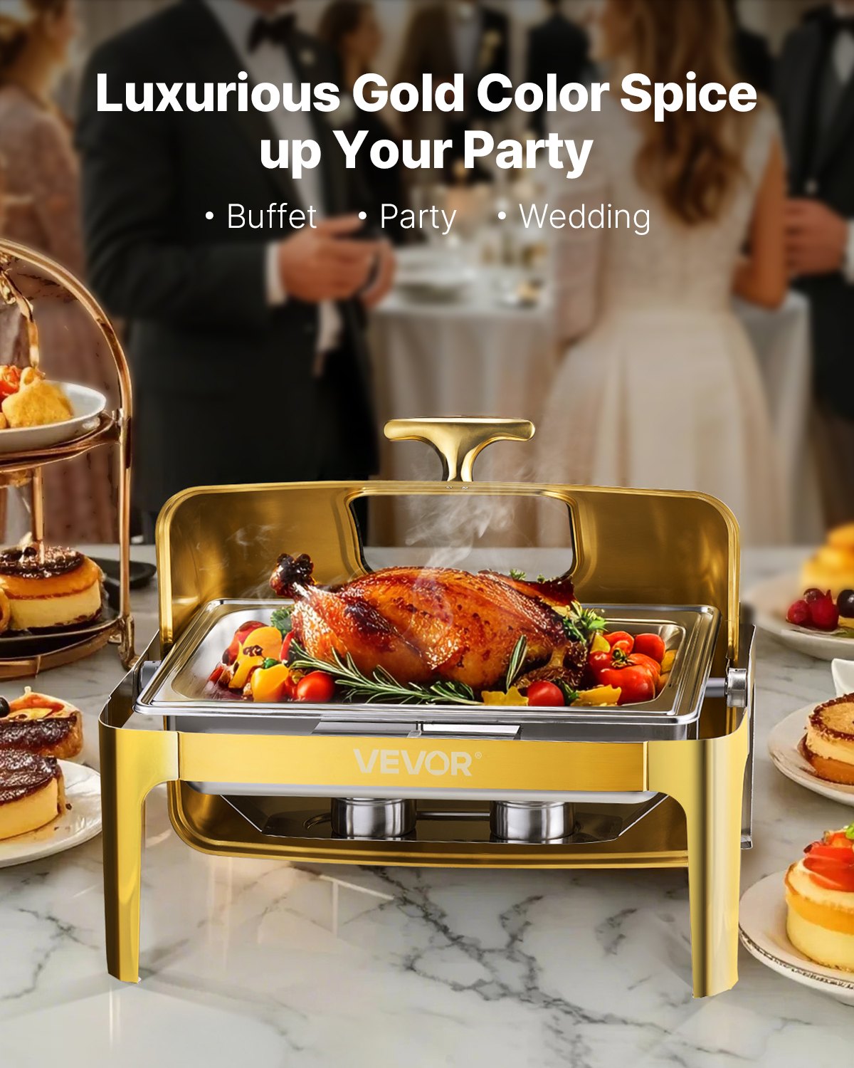 9Qt Rectangle Roll Top Chafing Dish Set With Full-Size Pan Stainless Steel Gold