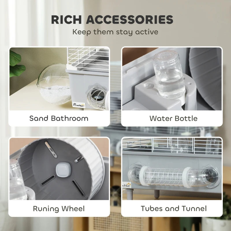 2-Tier Hamster Cage With Sand Bathroom, Running Wheel, Water Bottle, Tubes, Accessories, For Hamster, Gray