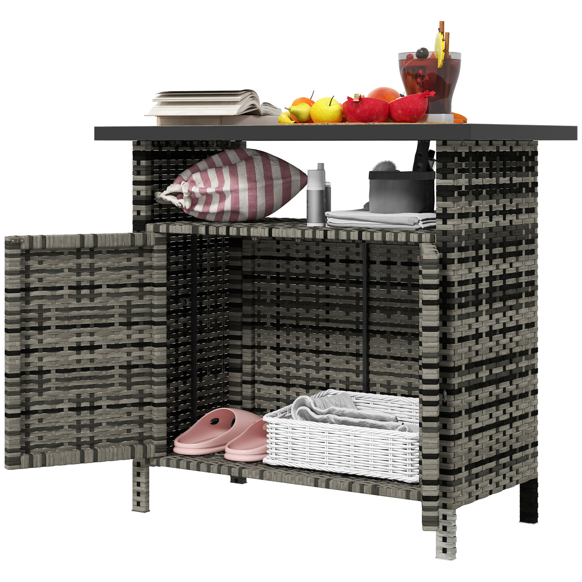 Wicker Outdoor Storage Cabinet With Two Doors And Shelf For Outdoor Pool Towel Storage, Mixed Gray