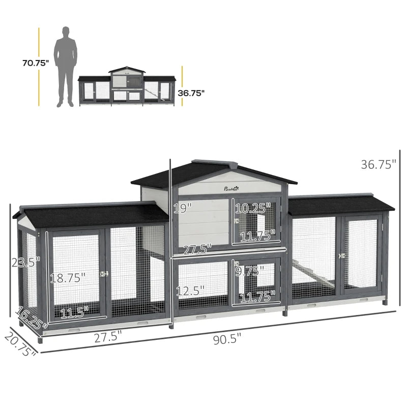 Wooden Rabbit Hutch Bunny Cage Pet Playpen House Enclosure With Double Side Run Boxes, No Leak Tray, Ramp, For Rabbits, Chickens, Ducks, Guinea Pig And Small Animals, Light Gray