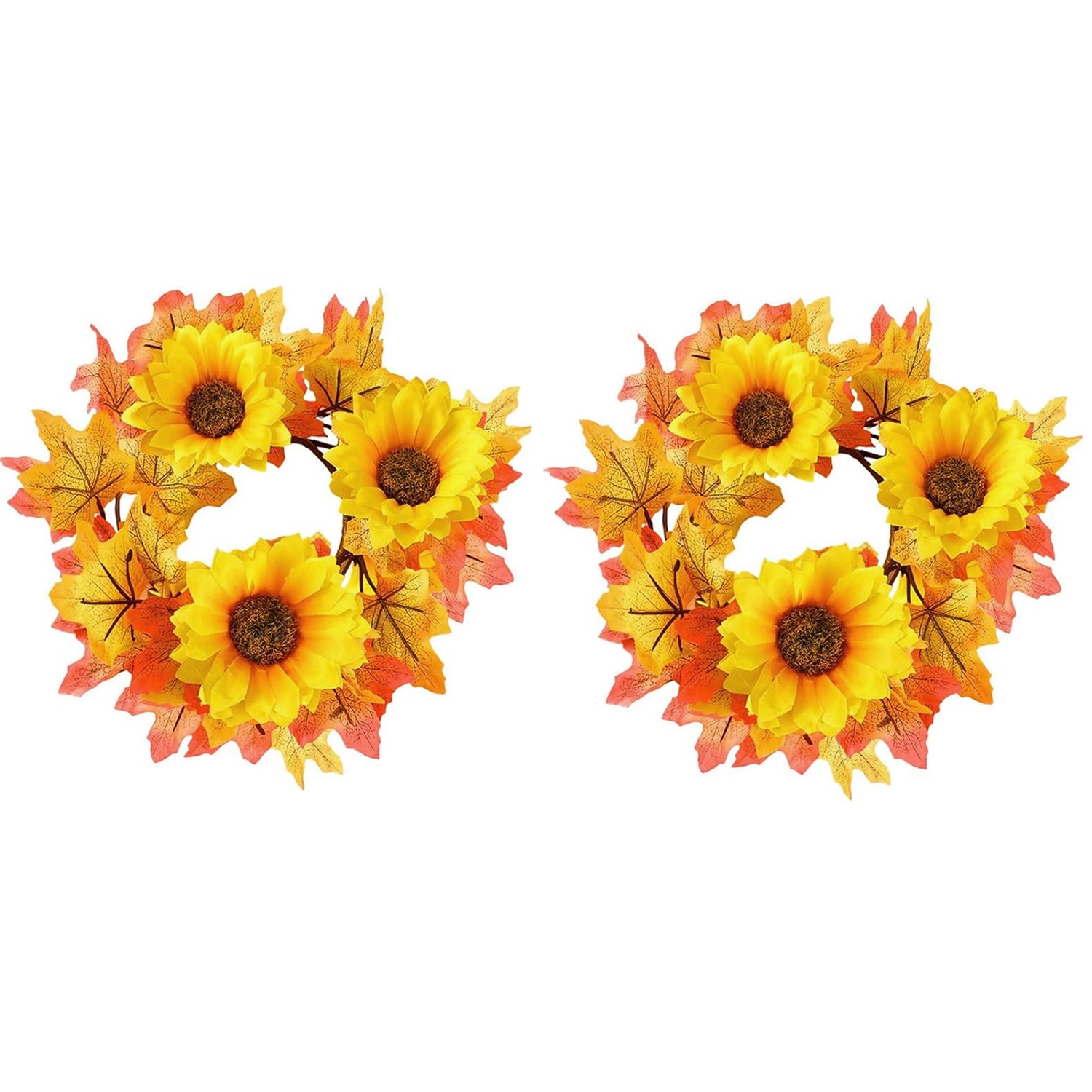 2 Pcs 9.8 Inch Fall Candle Rings Wreaths Candlestick Decorative Rattan Garland Maple Leaf Berries Sunflowers Candle Rings Autumn Wedding Parties Centerpieces