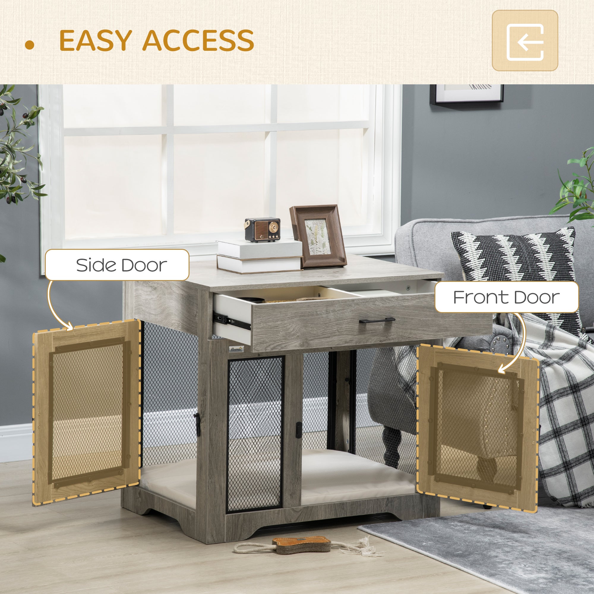 Dog Crate Furniture with Soft Water-Resistant Cushion, Dog Kennel End Table with Drawer, Puppy Crate for Small Dogs Indoor with 2 Doors, Gray