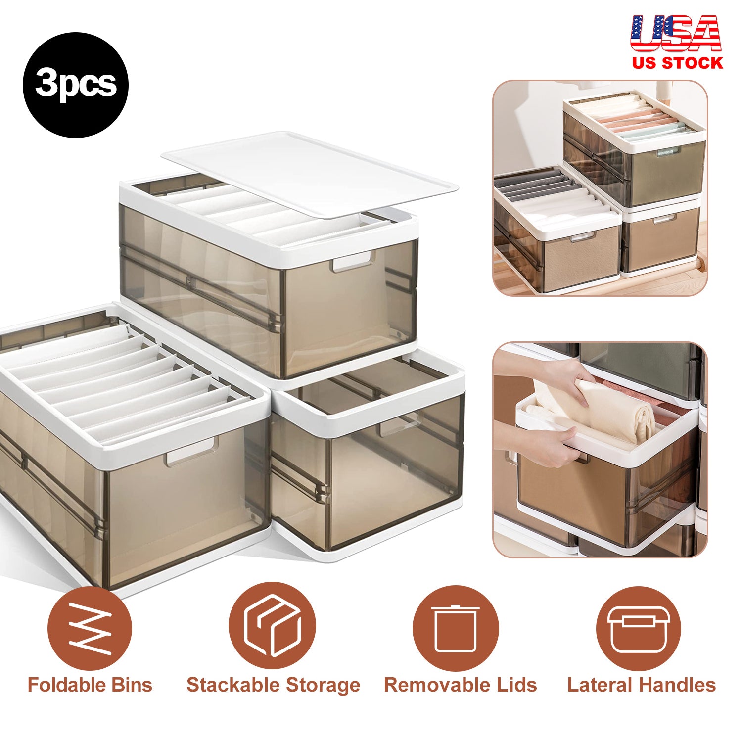 3 Pack Foldable Storage Bin With Lid Stackable Plastic Closet Organizer With Handle Divider Collapsible Drawer Organizer For Toys Clothes