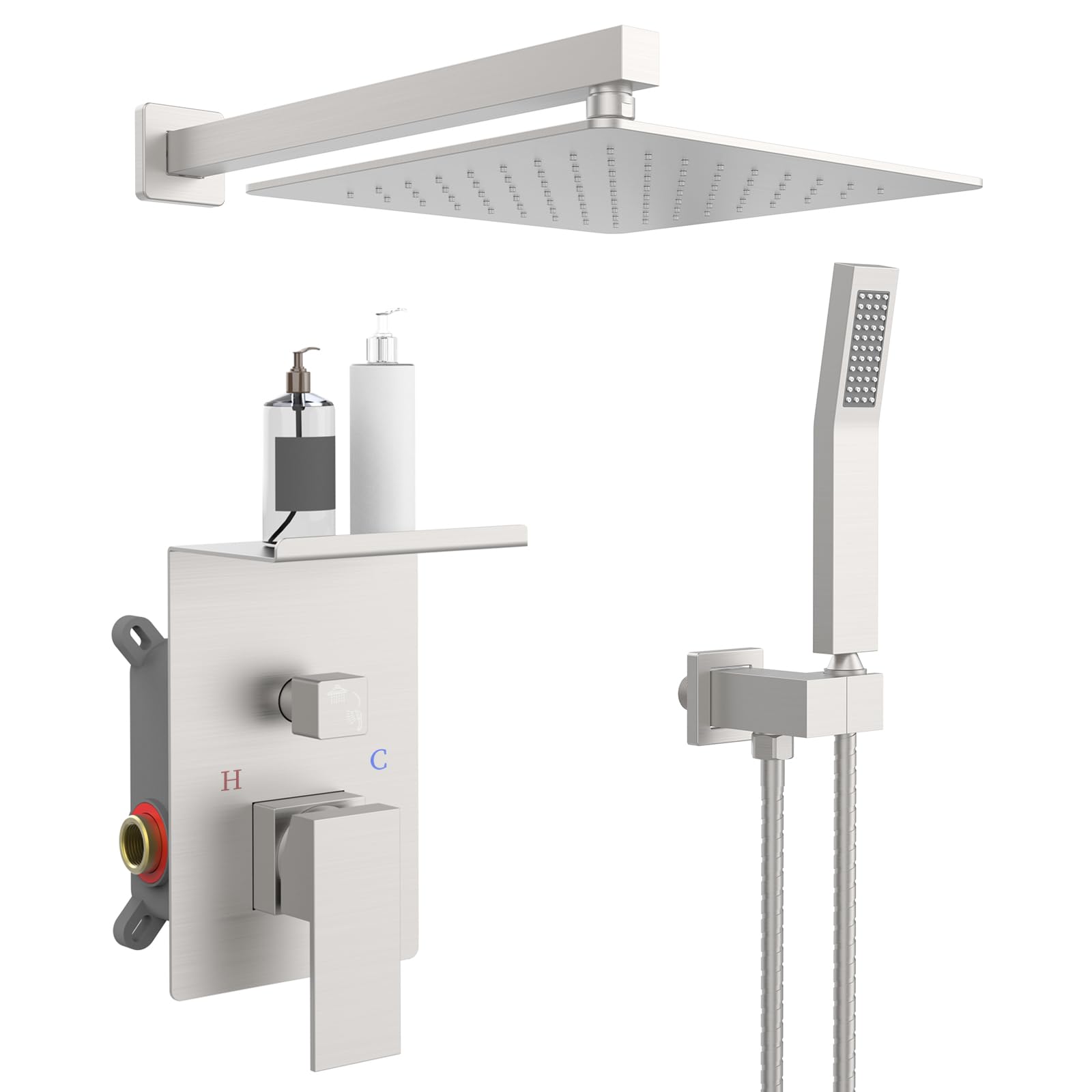 Rain Shower System With Storage Rack, 10-inch Shower Faucet Set, Brushed Nickel Finish, High-pressure Square Shower Head, Luxury Wall-mounted Shower Set.