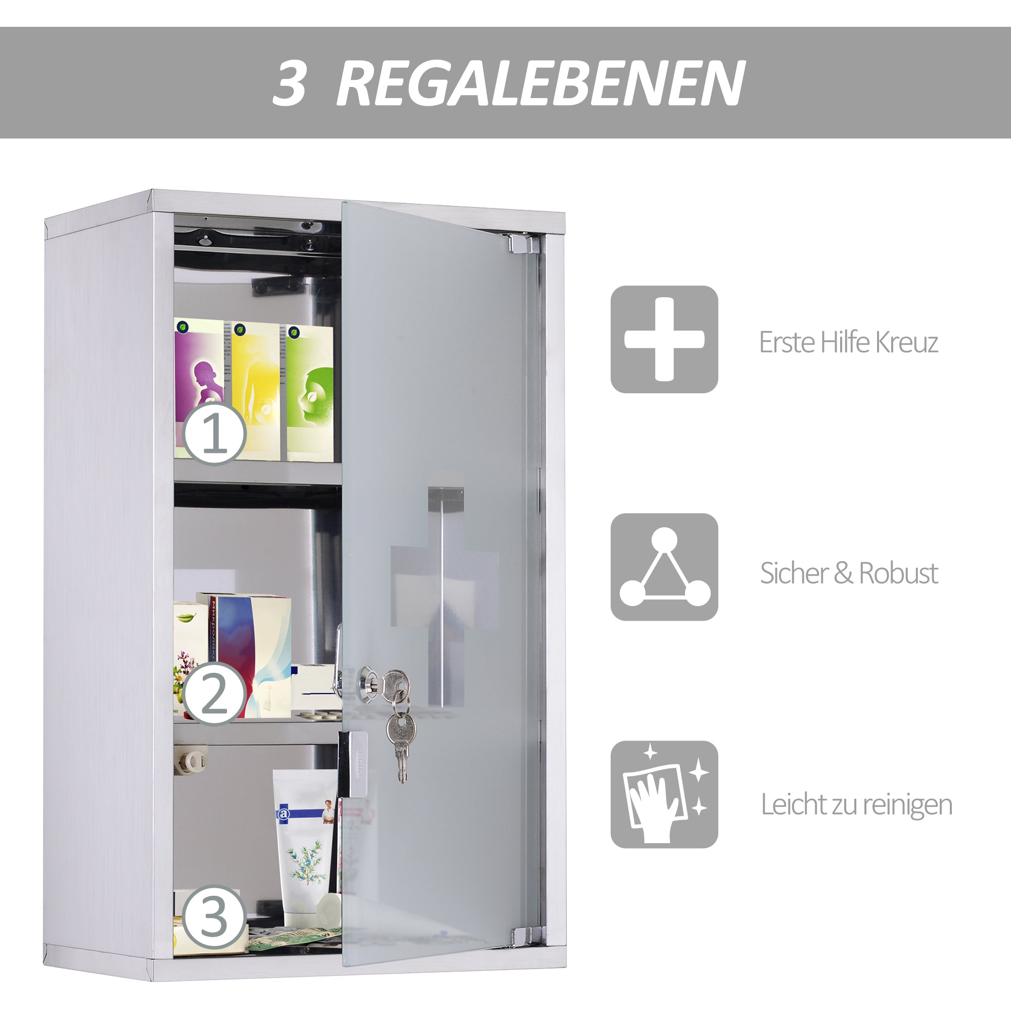 12" x 20" Lockable Medicine Cabinet, 3 Tier Stainless Steel Medical Wall Box with 2 Keys and Shelves for Bathroom