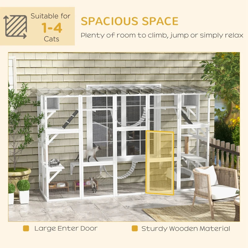 Cat Window Box , Large Catio With Shelves & Bridges, Outside Enclosure For Multiple Cats, White