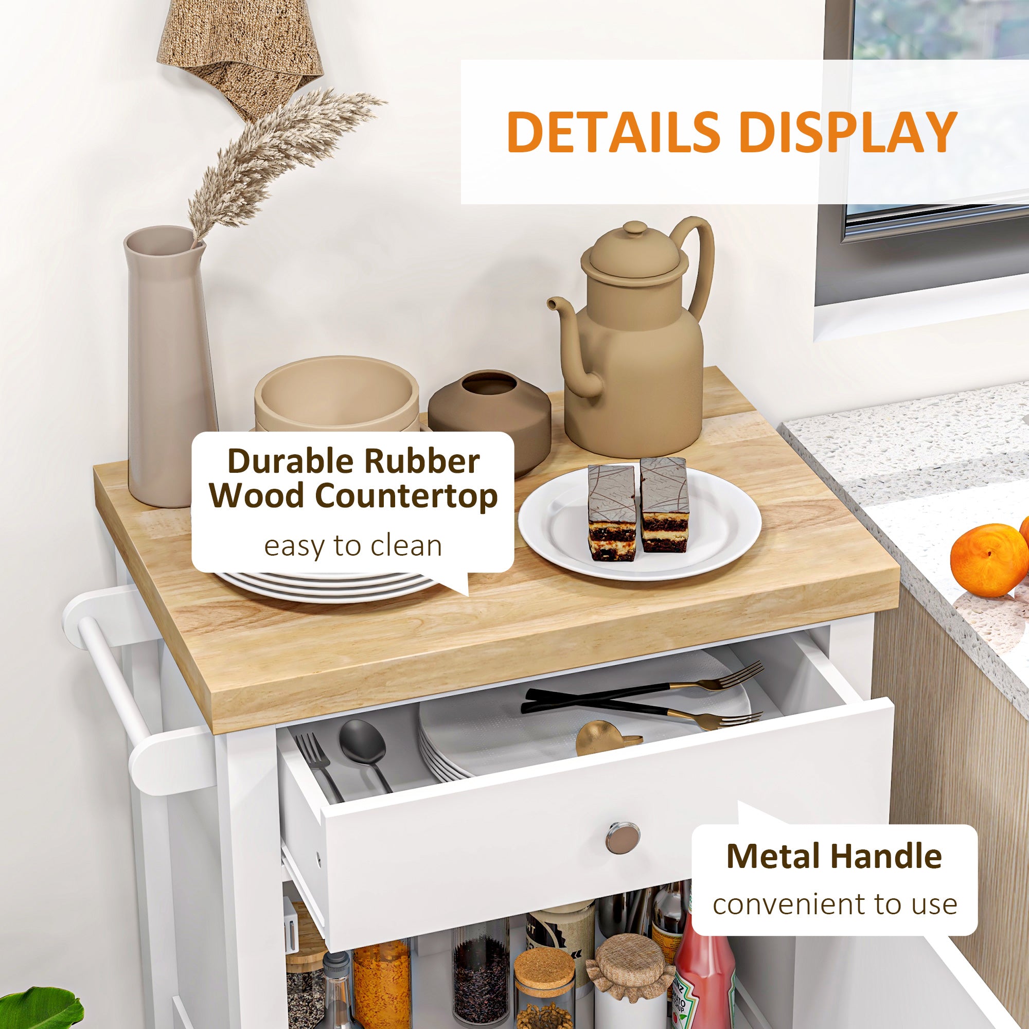 Kitchen Island on Wheels, Rolling Kitchen Cart with Rubberwood Top, Drawer, Wine Rack and Cabinet, White