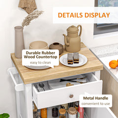 Kitchen Island on Wheels, Rolling Kitchen Cart with Rubberwood Top, Drawer, Wine Rack and Cabinet, White