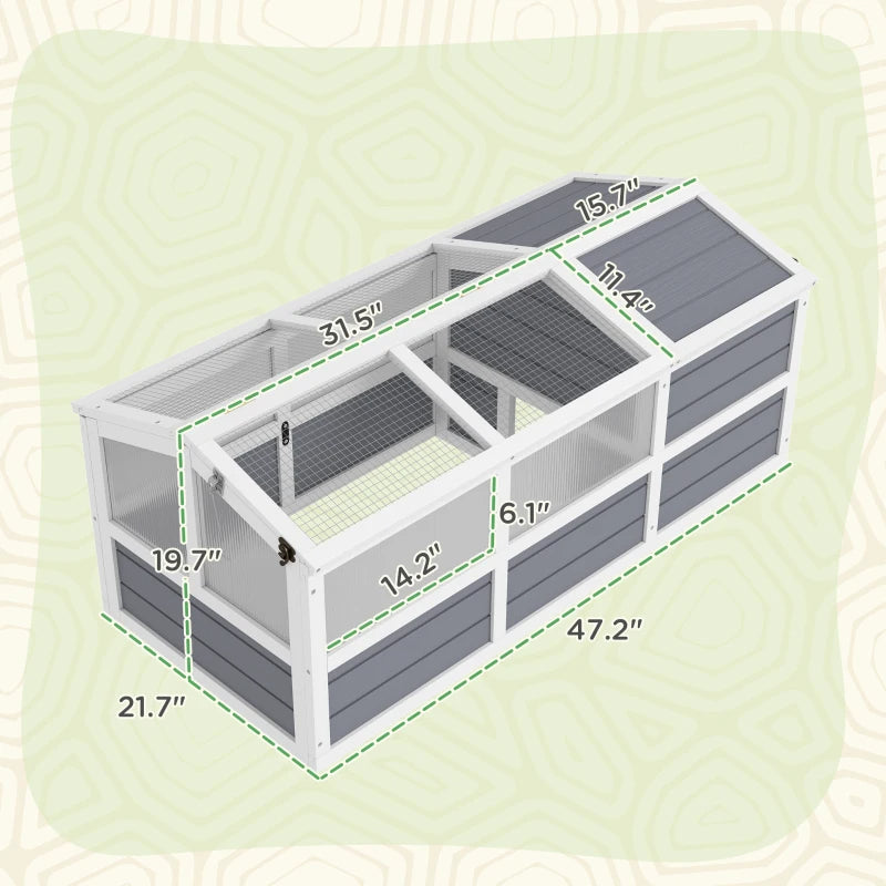 PawHut Wooden Tortoise Habitat Outdoor W Bottomless Design, Doors, PC Sun Panel Windows, For Small Animals, Rabbit, Light Gray