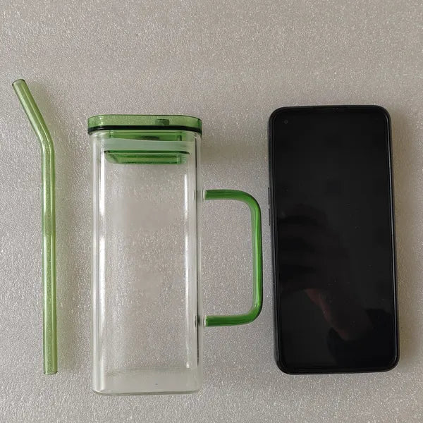 1 Pcs Transparent Glass Straw Cup, 6 Colors Square Glass Cup With Straw And Lid, High Borosilicate Glass Cup, Milk Cup, Juice Cup, Cold Drink Cup, Coffee Cup, Tea Cup, Office Cup, Gift Cup