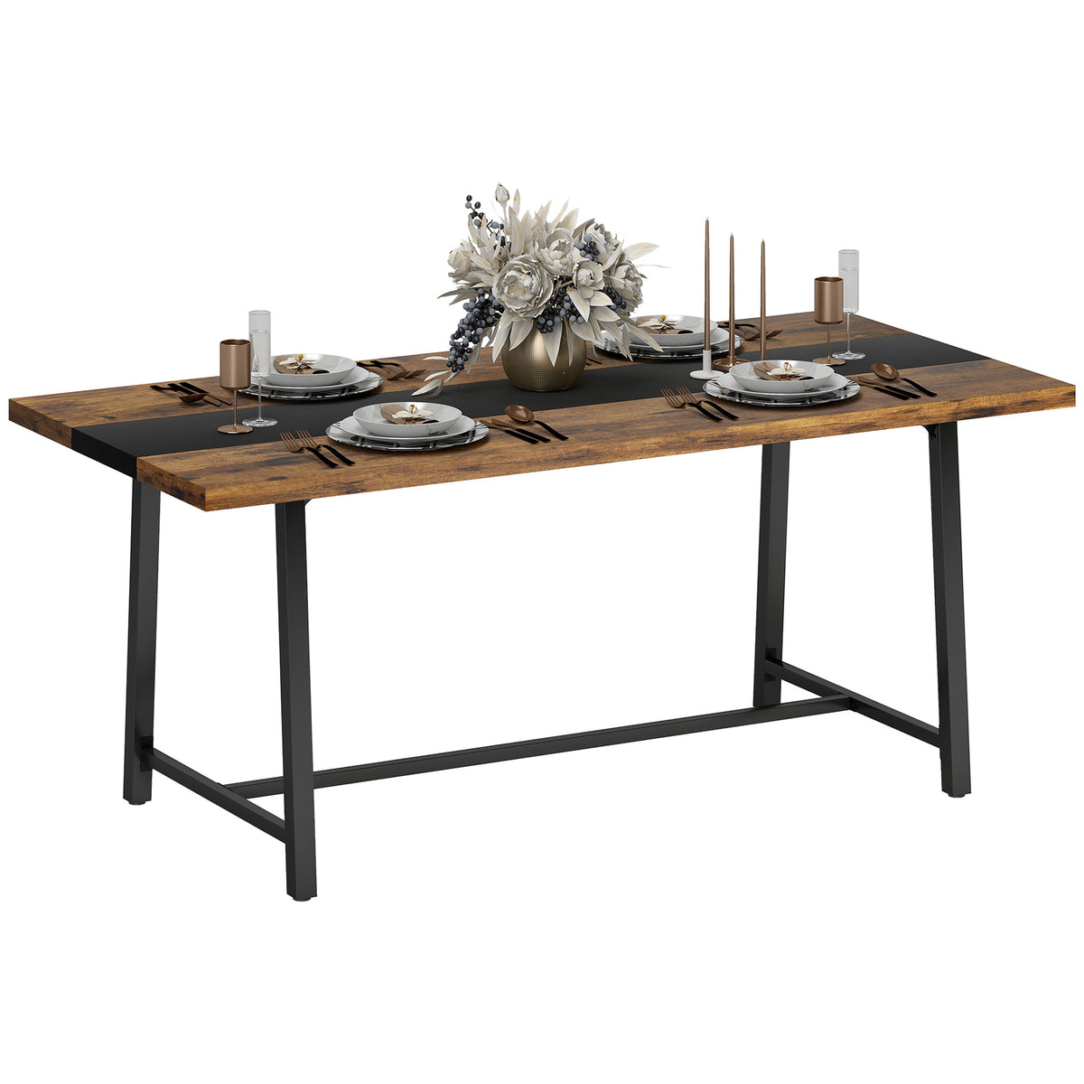 Industrial Kitchen Table for 8 People, 70.9" Long Dining Table with Large Tabletop and Steel Legs for Dining Room, Brown