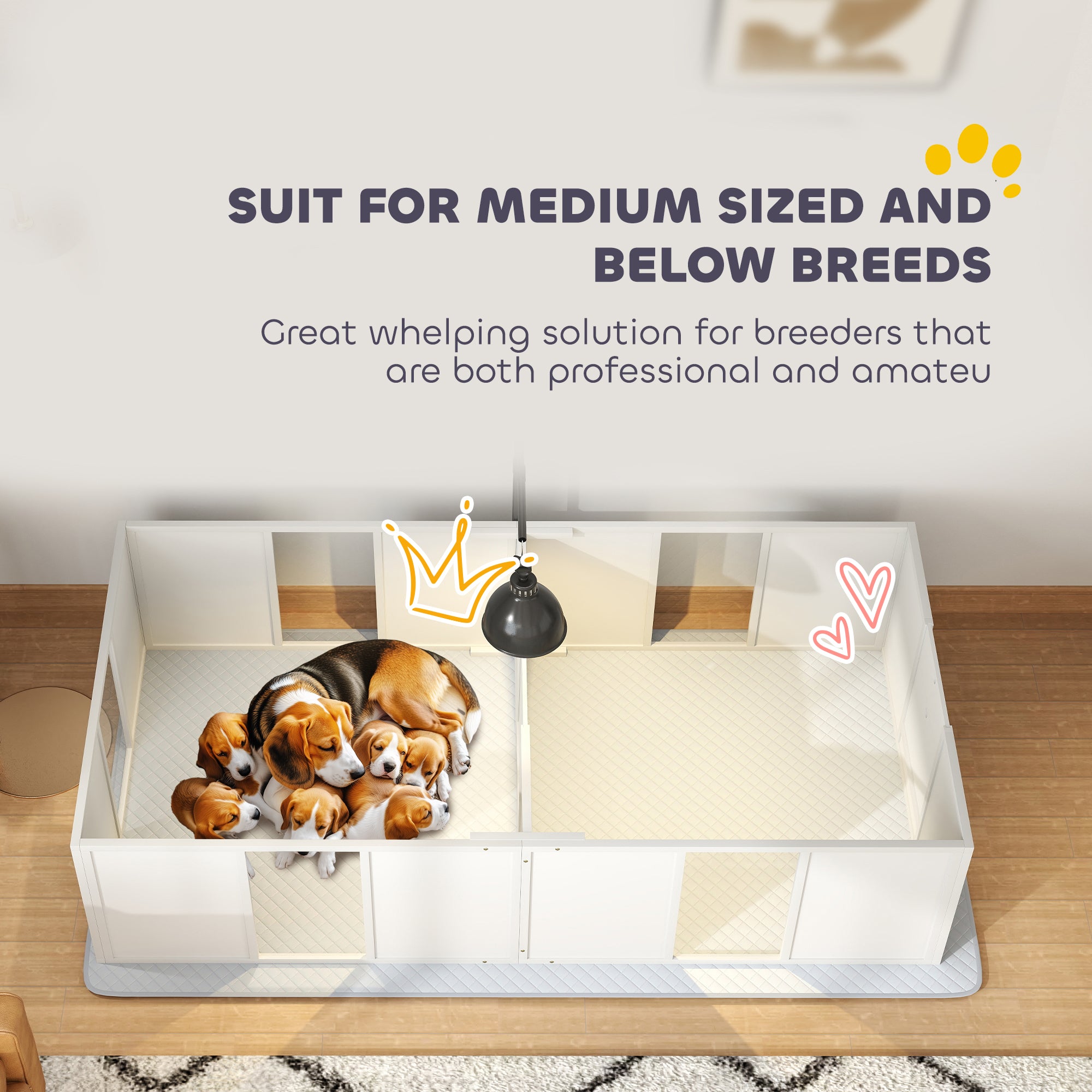 Whelping Box for Dogs w/ Retractable Light Stand, Waterproof Pee Pad & Adjustable Height Door for Medium Breed Dogs