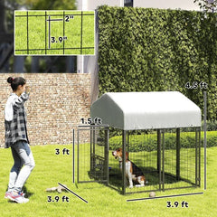 Welded Wire Outdoor Dog Kennel With 360 Rotating & 4 Levels Adjustable Bowls, Waterproof Cover
