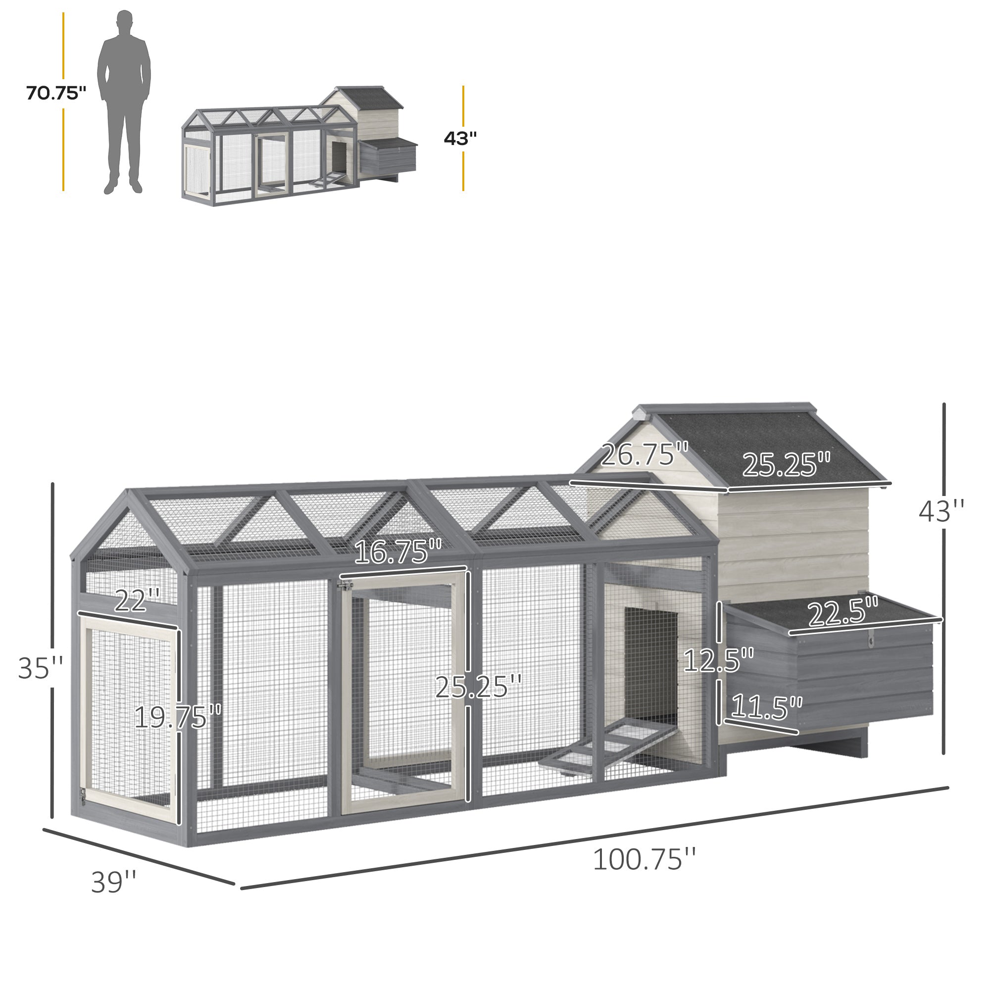 100" Chicken Coop Wooden Chicken House Large Rabbit Hutch Poultry Cage Backyard with Double Run, Nesting Box, Gray