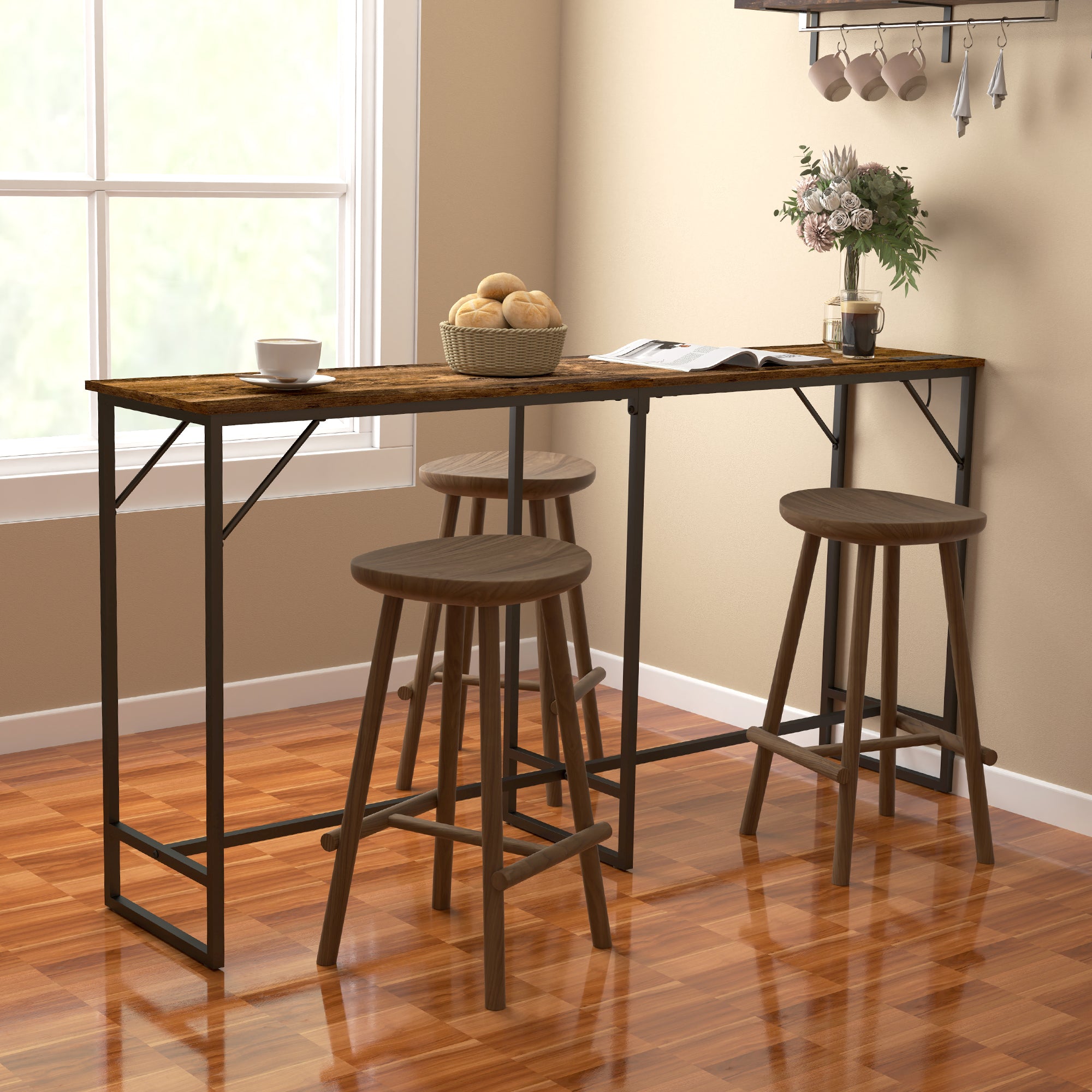 70" Bar Table with Charging Station, Industrial Rectangular Bar Height Pub Table with Steel Frame, Rustic Brown