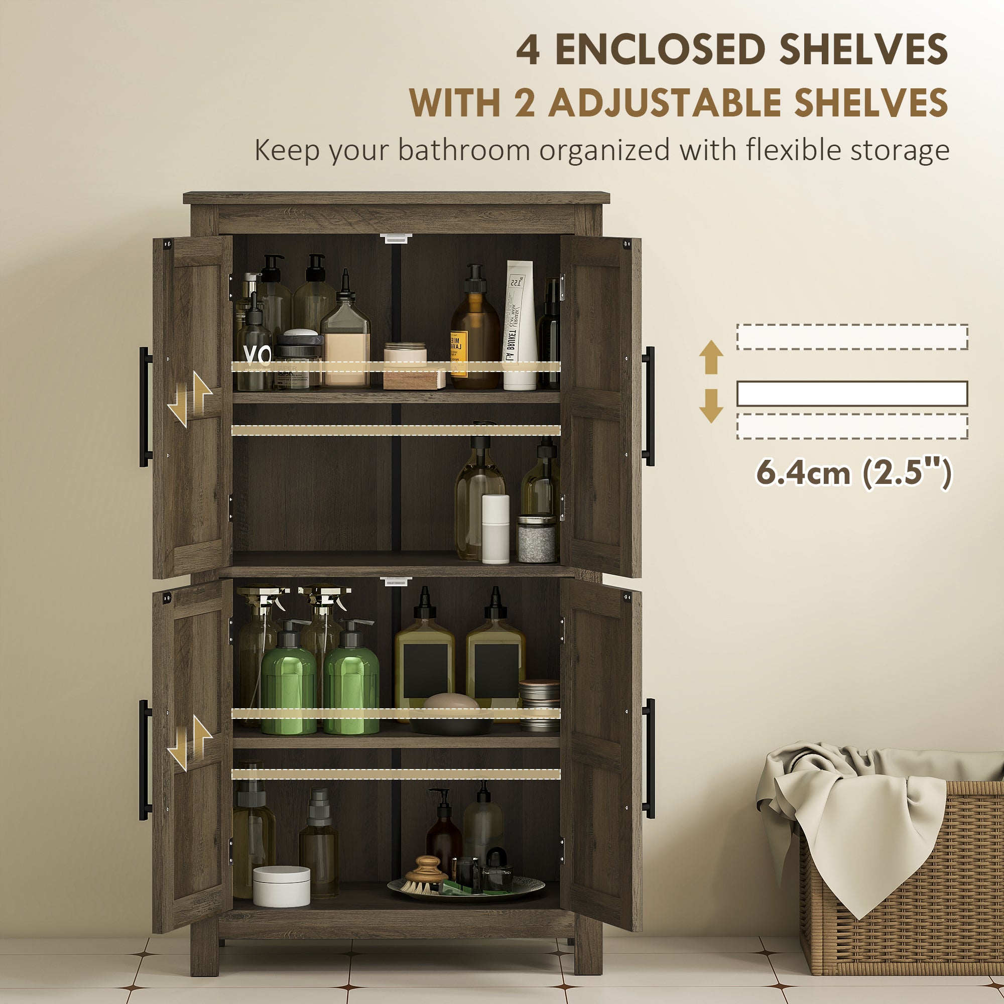 Bathroom Floor Storage Cabinet, Farmhouse Bathroom Cabinet with 4 Doors and Adjustable Shelf, Brown