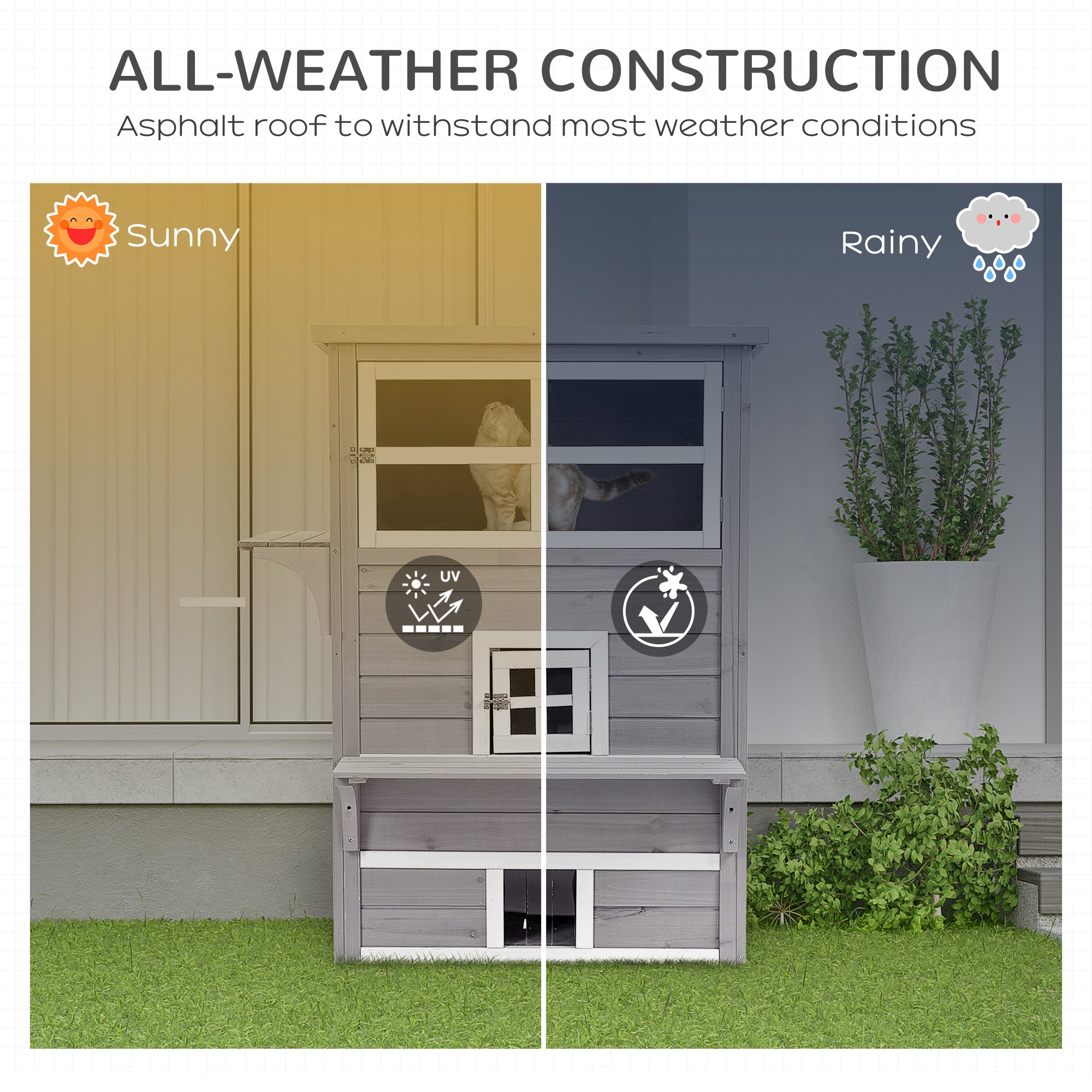 Outdoor Cat House, 3-Tier Kitty Shelter with 5 Escape Doors, Weather Resistant, Gray & White