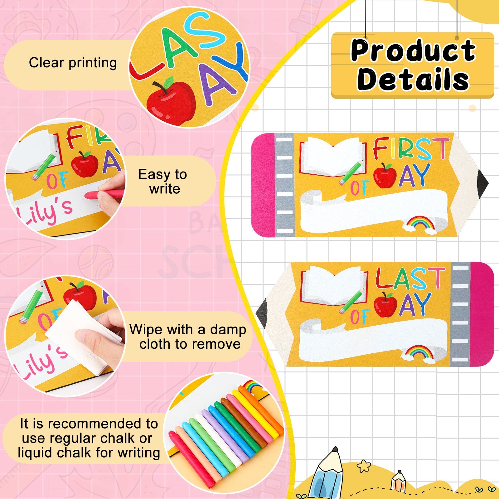 First And Last Day Of School Board Sign,Double Sided Printing Pencil Chalkboard For 1st Day Of Kindergarten Preschool, Back To School Supplies Photo Props Clearance