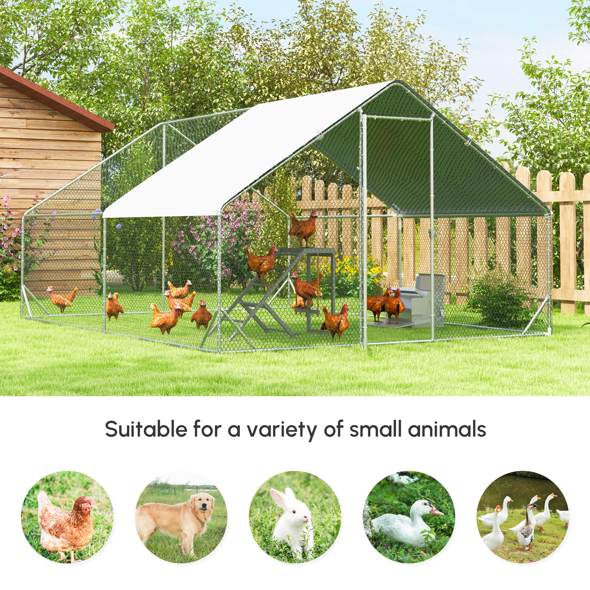 10' x 13' x 6.5' Metal Frame Chicken Run, Outdoor Hen House with Cover & Lockable Door