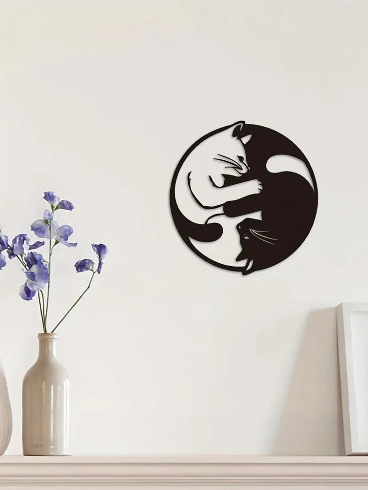 Metal Yin Yang Cat Wall Art Sculpture, Handmade Indoor