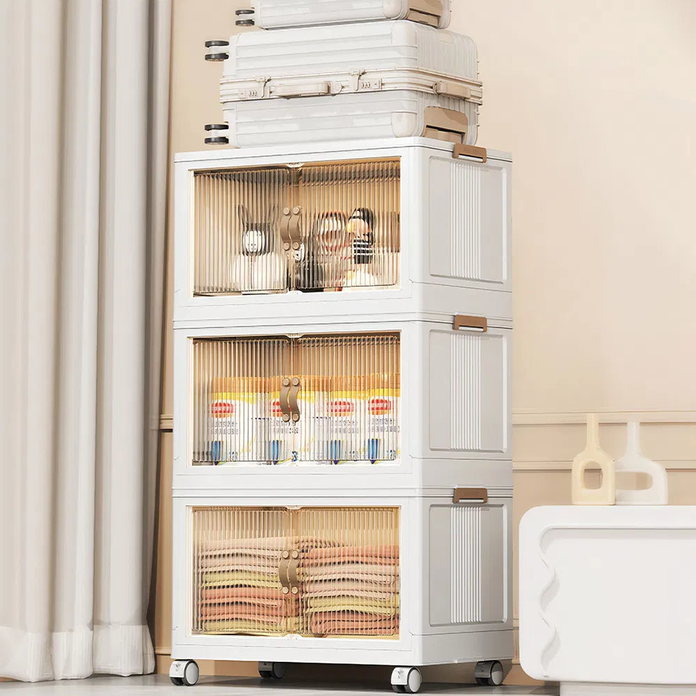3Pcs Foldable Storage Bins With Lid Front Magnetic Door Collapsible Stackable Closet Organizer Containers With 4Pcs 360° Rotatable Wheels 8Pcs Small Wheels