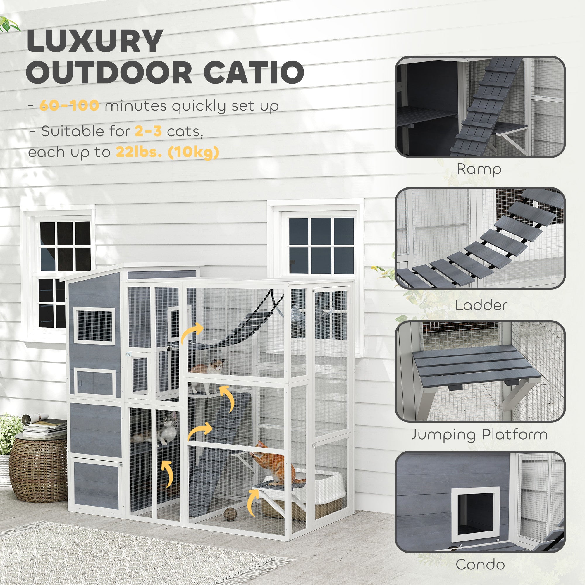 Large Wooden Catio Outdoor, Cat Enclosure w/ 4 Tier Resting Rooms, 3 Platforms, 1 Soft Ladder, 2 Ramps, 1 Hammock, Gray