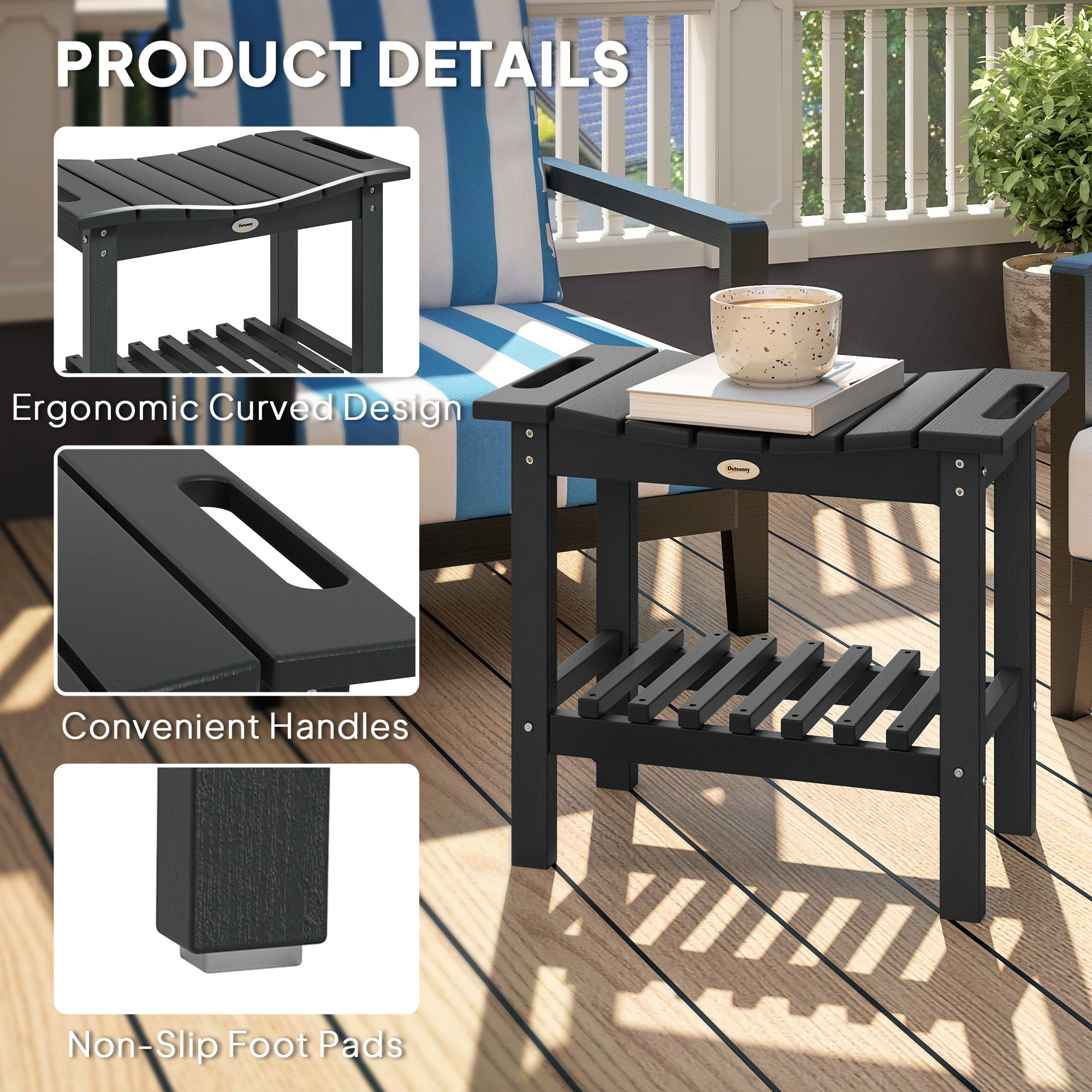 HDPE Shower Bench, Waterproof Shower Stool with Handle, Storage Shelf, Non-Slip Pads for Indoor Outdoor, Black