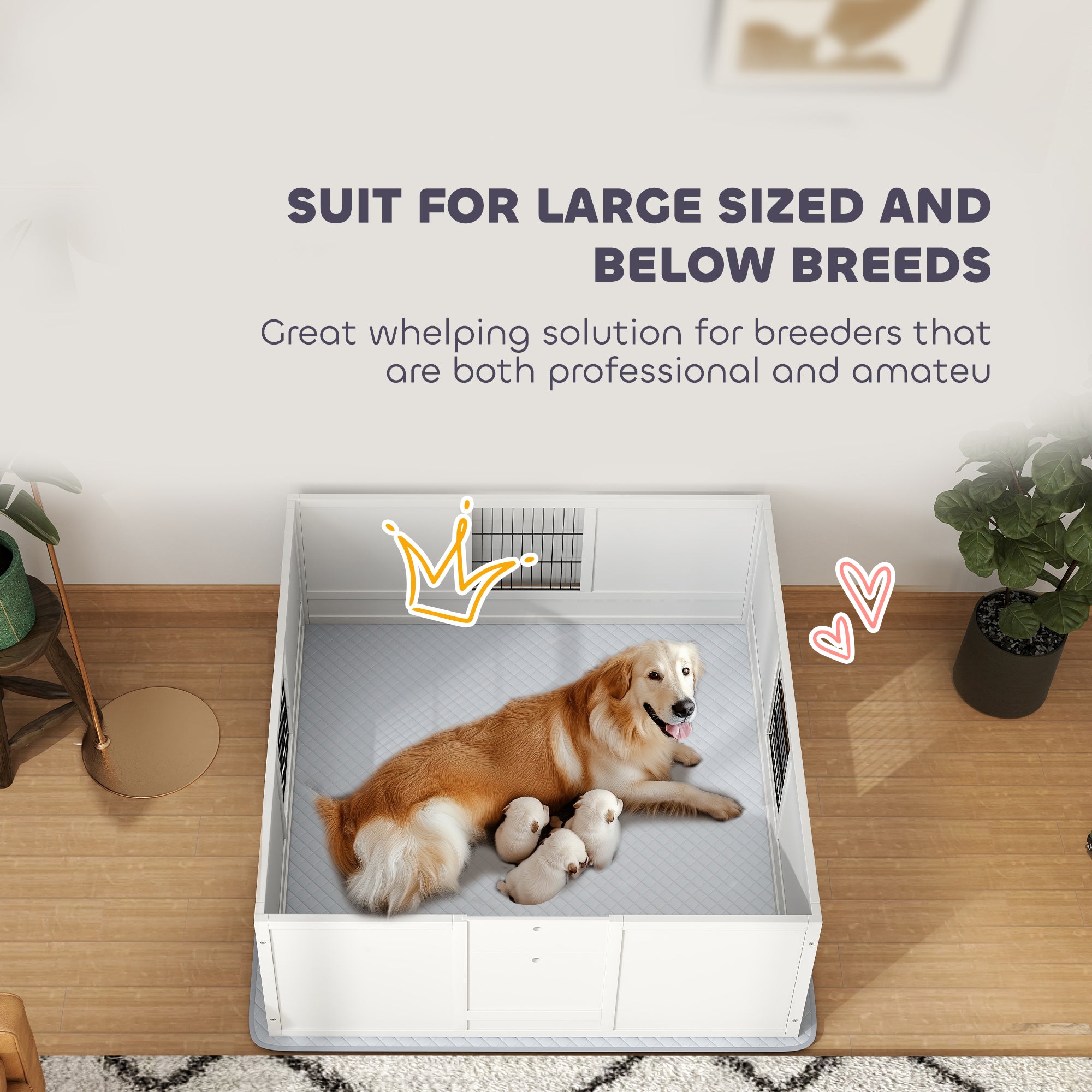 Dog Whelping Box with Washable Pee Pad, Adjustable Height Door, for Large Breed Dogs, 49" x 47" x 19"