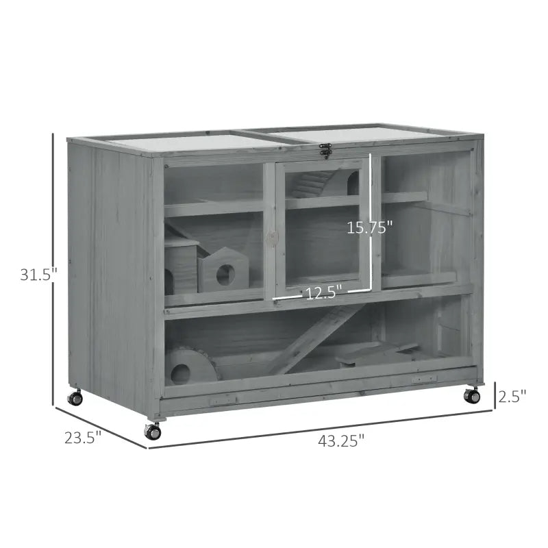 PawHut Wooden 3-Tier Hamster Cage Hutch Box With Ladder Wheels For Small Animals, Dark Gray