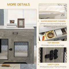 Dog Crate Furniture with Soft Water-Resistant Cushion, Dog Kennel End Table with Drawer, Puppy Crate for Small Dogs Indoor with 2 Doors, Gray