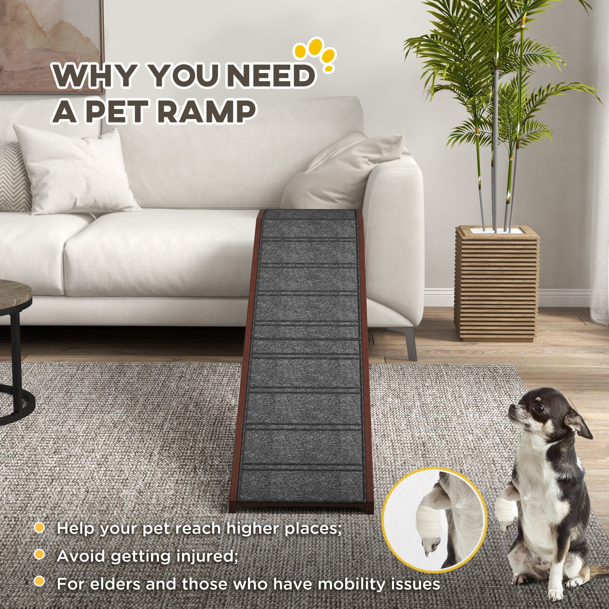 Dog Ramp for Bed, Pet Ramp for Dogs with Non-Slip Carpet and Top Platform, 74" x 16" x 25", Brown