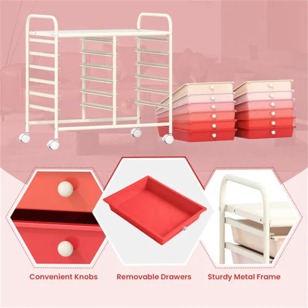 12-Drawer Rolling Storage Cart - 2-Row 10-Storey, Multicolor Drawers, 4 Wheels (2 Brake), White Frame-Pink