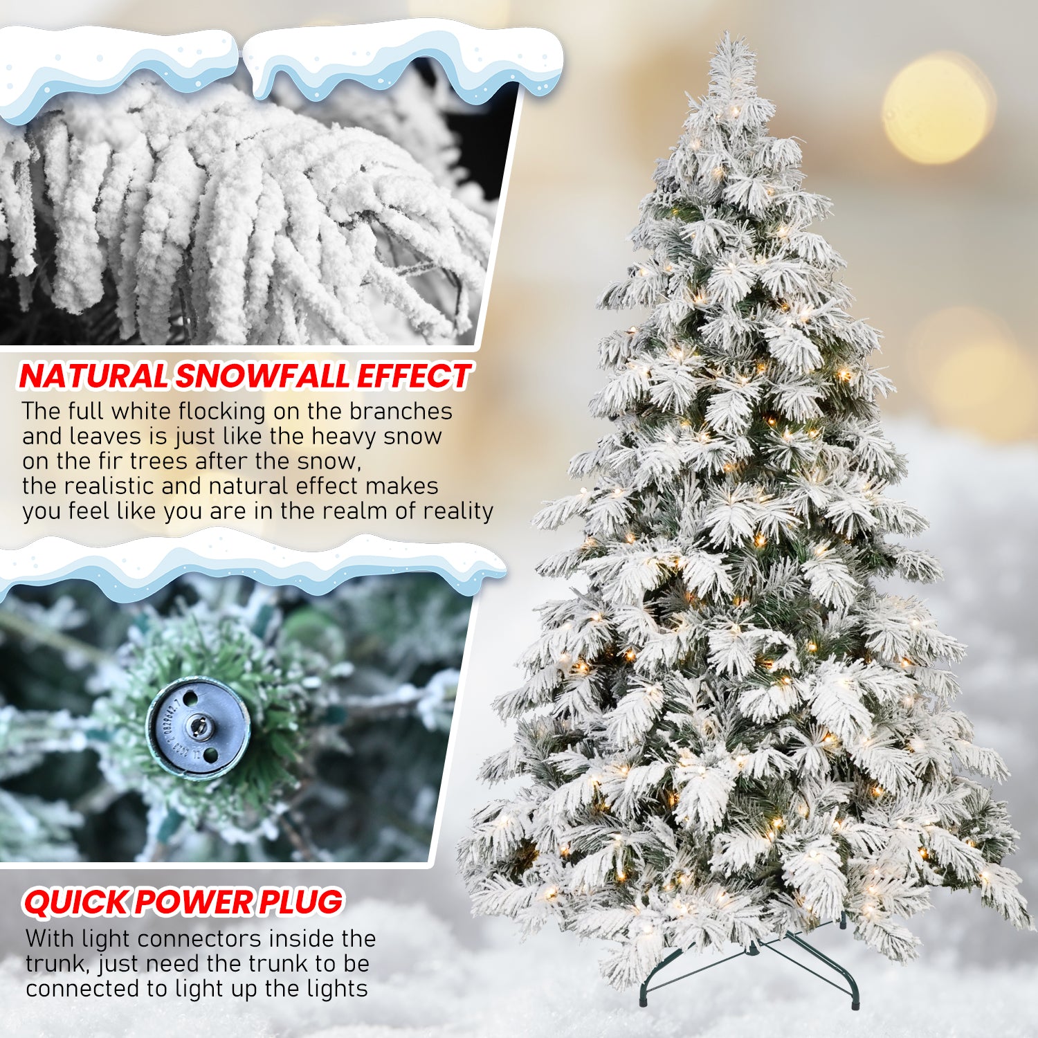 5FT 6FT 7FT 8FT Prelit Flocked Christmas Tree With Light, Snowy Pine Design, Warm White LED Lights, Hinged Branches, Metal Stand, Realistic Artificial Xmas Tree For Indoor Holiday Decoration