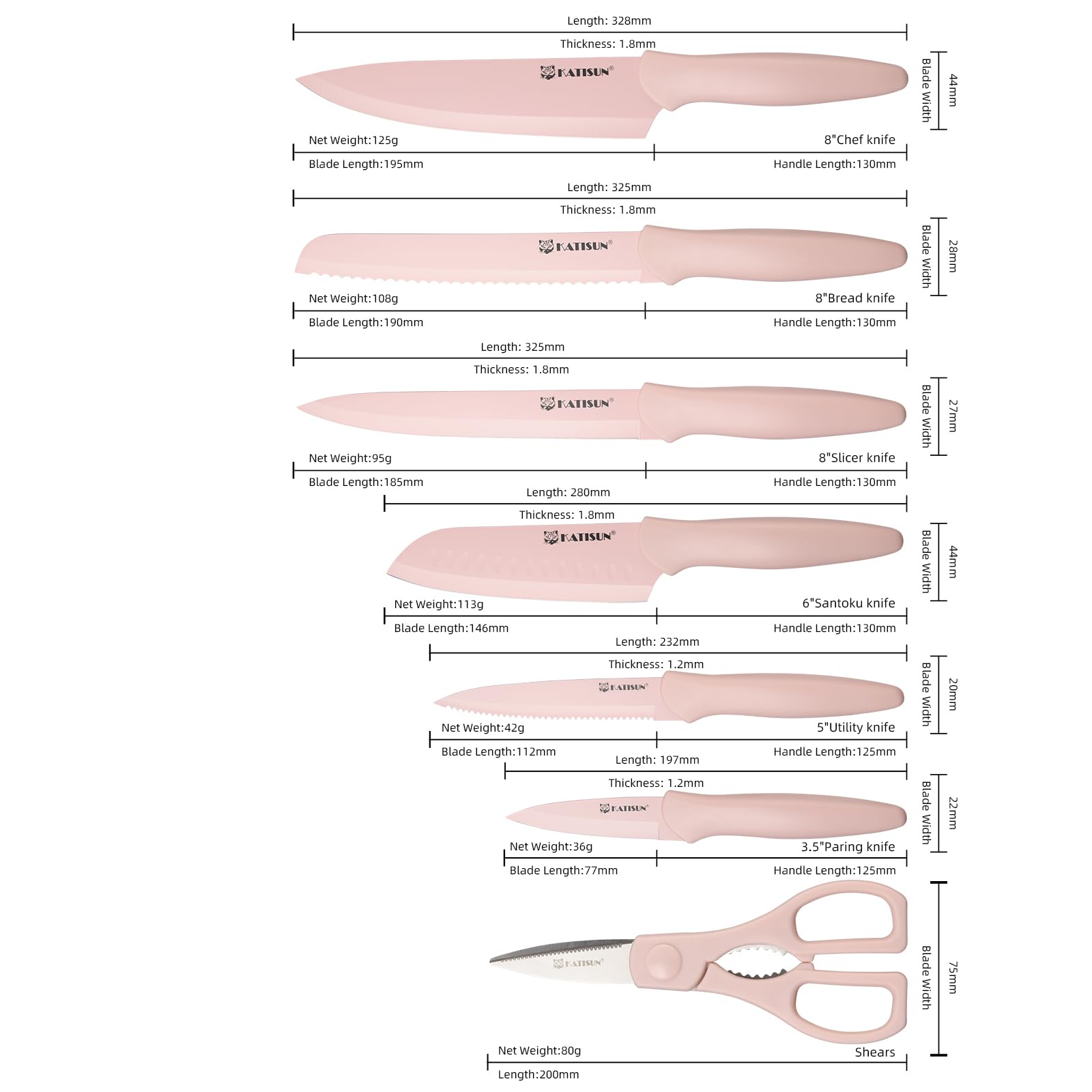 Kitchen Knife Set With Guards, 13 Piece Pink Non-Stick Boxed Knives Set, Anti-Rust And Dishwasher Safe, 6 Knives With 6 Blade Covers And Kitchen Shears