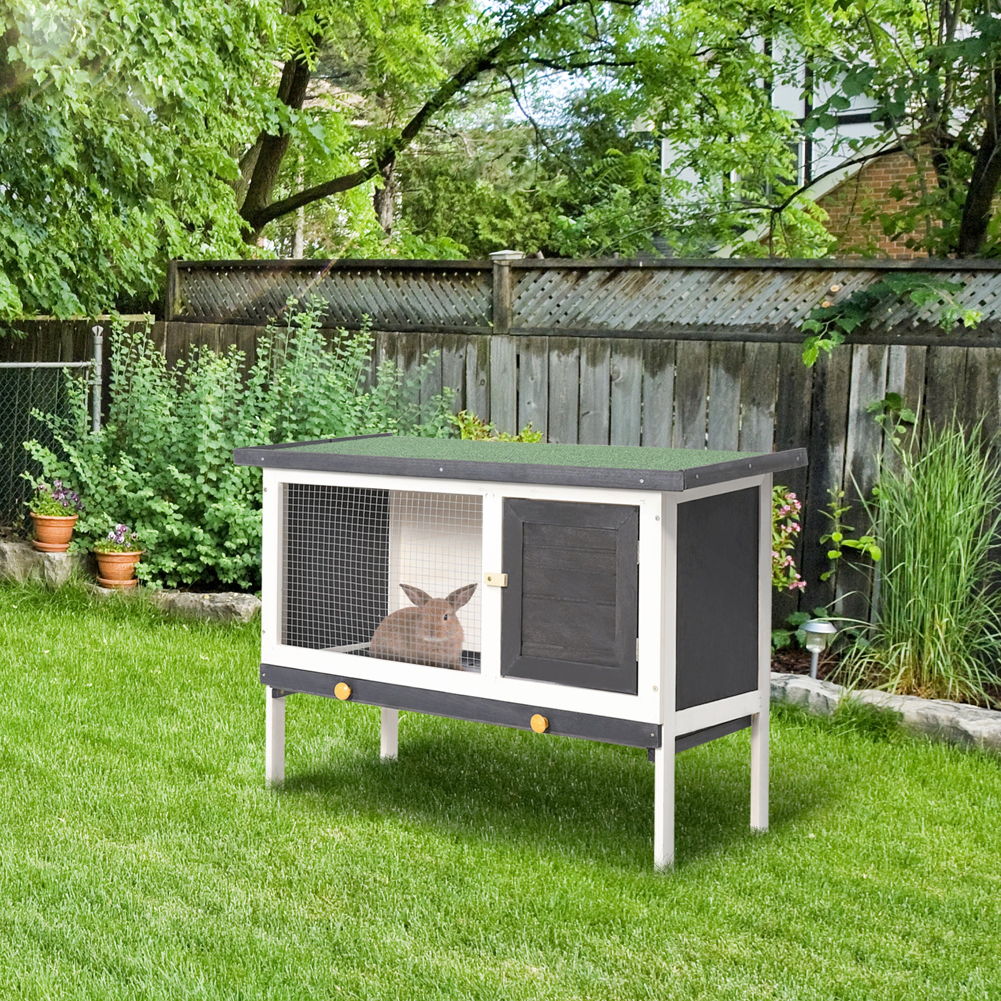 Wooden Rabbit Hutch, Bunny Cage for Small Pet w/ Slide-out Tray, Openable Roof