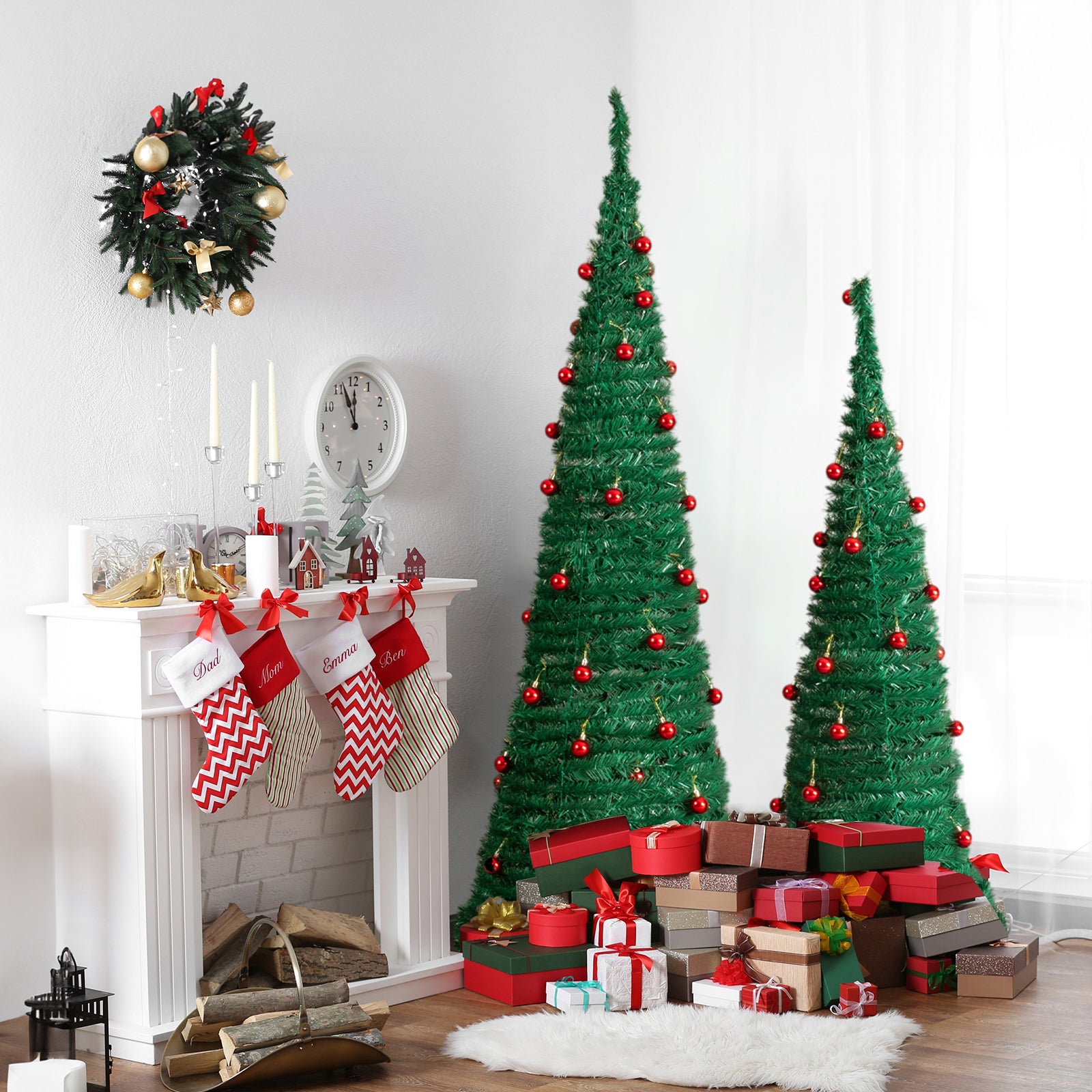 2 Pack, 6FT 5FT Artificial Up Christmas Tree With Red Ball Ornaments For For Home Office Store Holiday Deco, Green