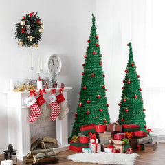 2 Pack, 6FT 5FT Artificial Up Christmas Tree With Red Ball Ornaments For For Home Office Store Holiday Deco, Green