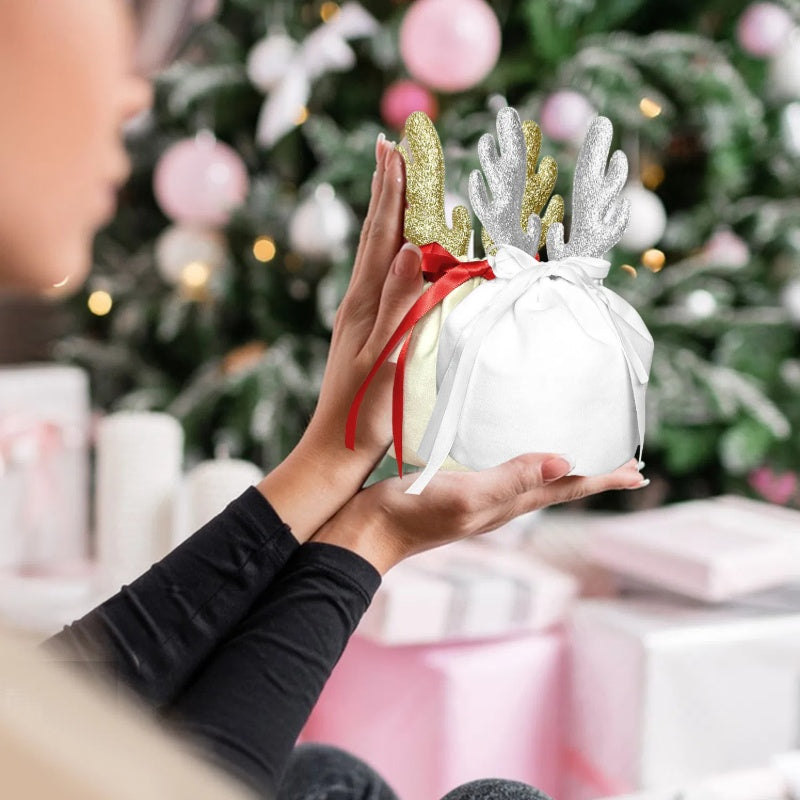 5Pcs Christmas Antler Gift Bags With Drawstring Flannel Gift Pouches Reusable Xmas Party Gift Wrapping Bag For Xmas New Year Birthday Wedding Winter Party Supplies